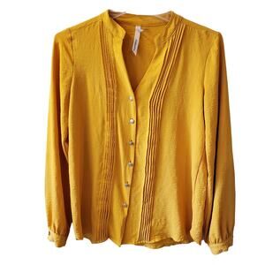 NY Collection Yellow Pleated Button Front Long Sleeve Blouse Size Small